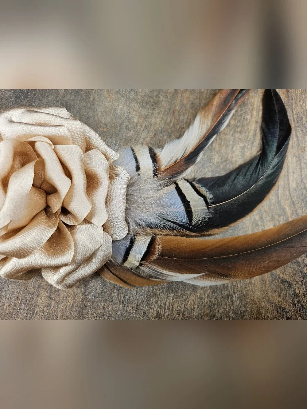 NEW Beige Feather And Flower Hat Pin, Brooch, Hat Fancinator